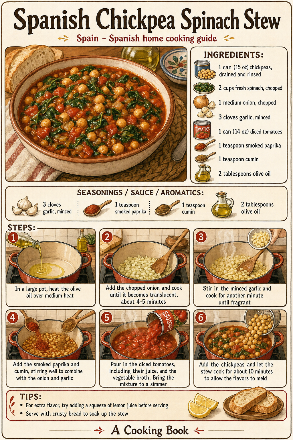 Spanish Chickpea Spinach Stew illustrated step-by-step cooking guide