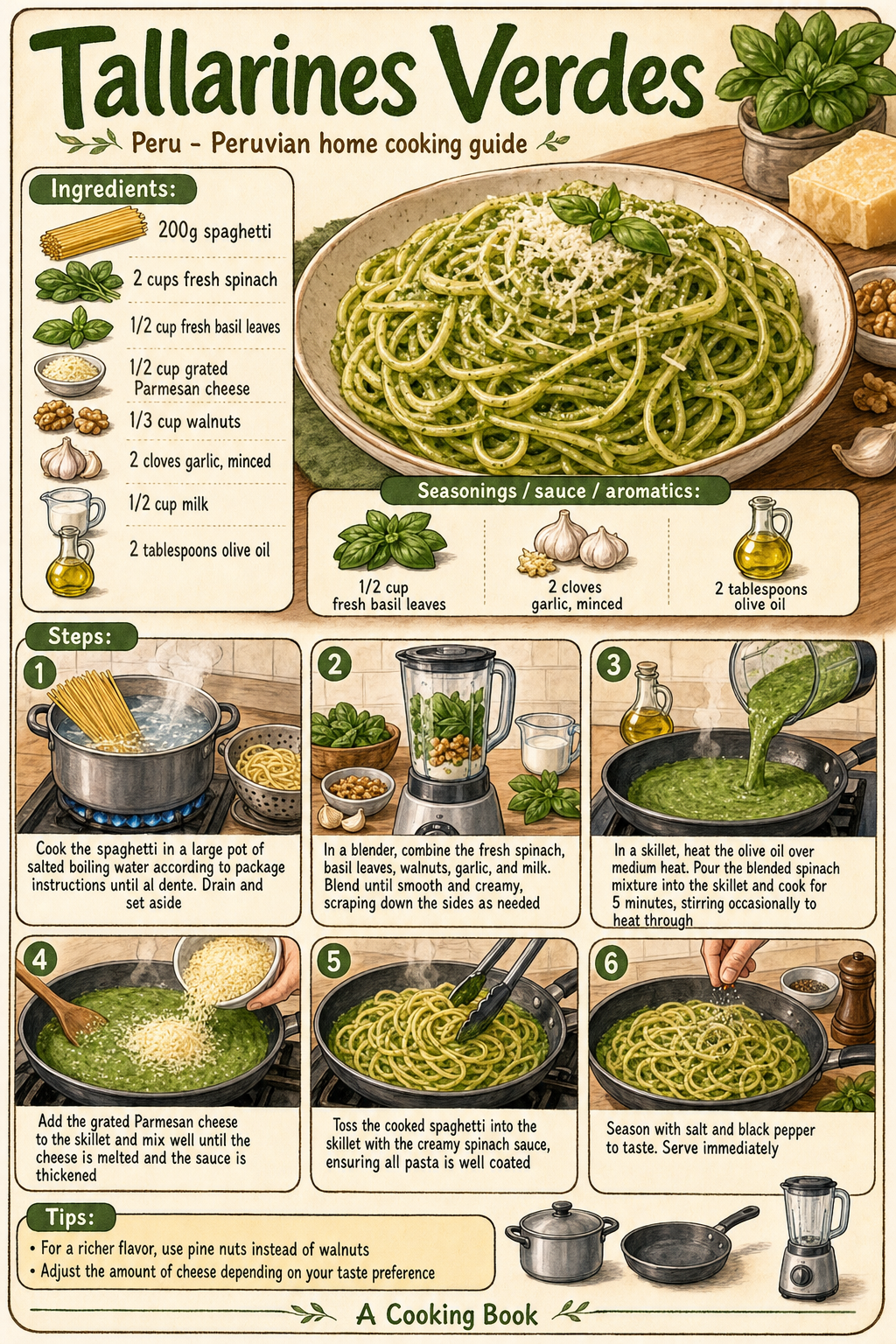 Tallarines Verdes illustrated step-by-step cooking guide
