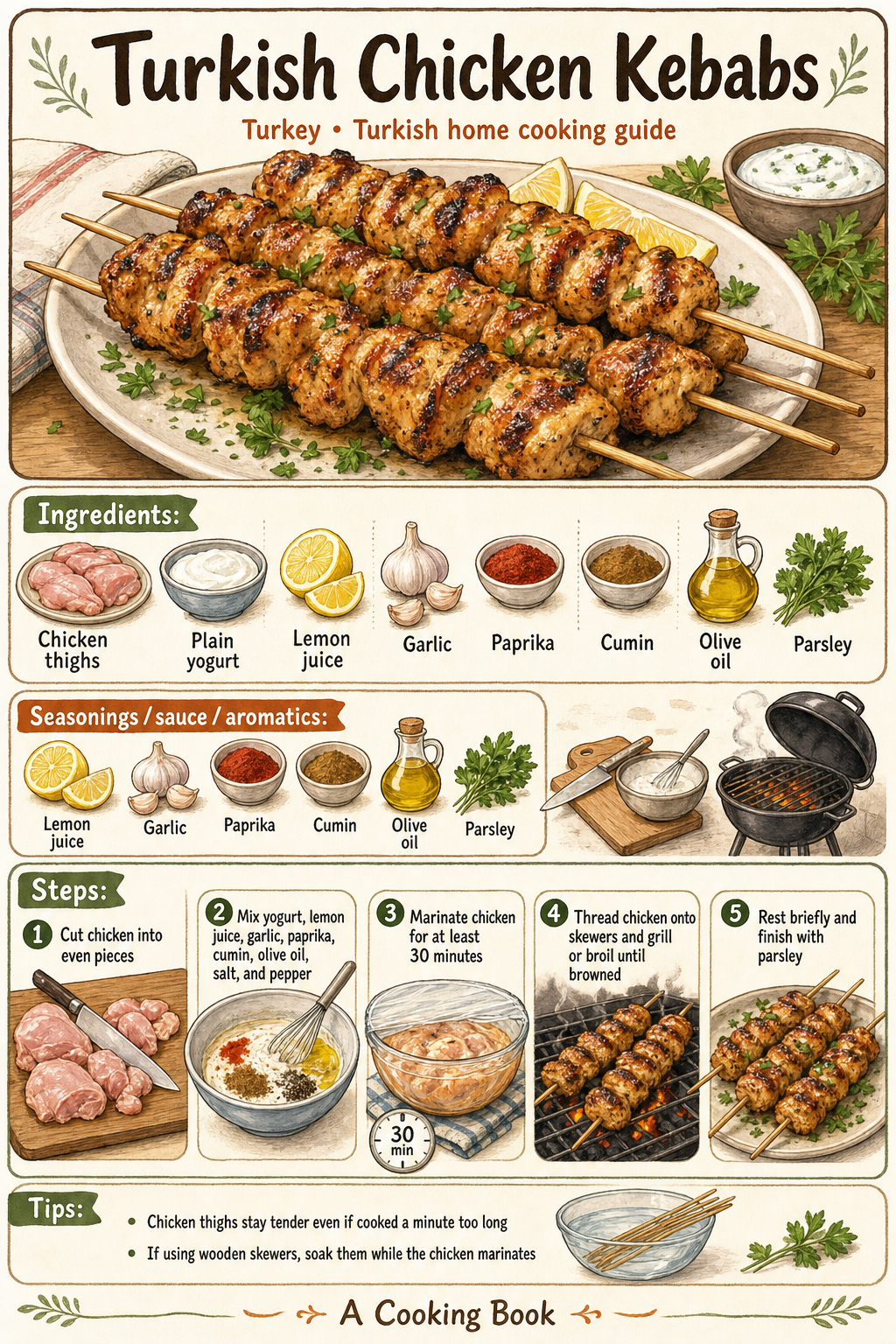 Turkish Chicken Kebabs illustrated step-by-step cooking guide