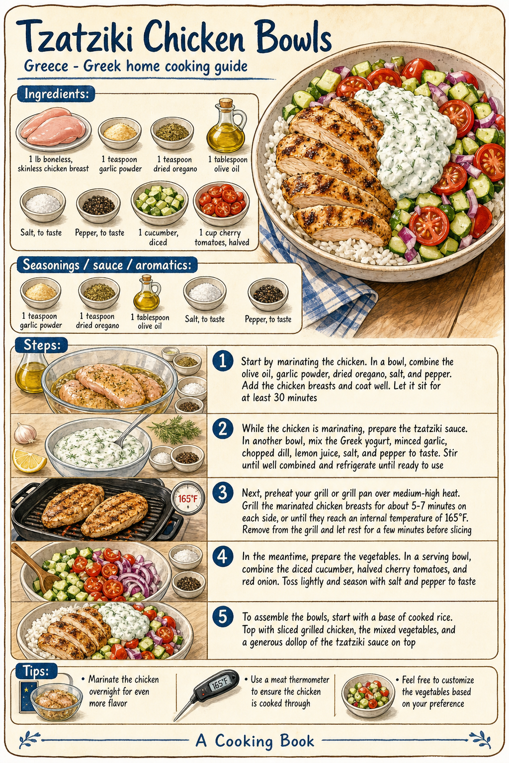 Tzatziki Chicken Bowls illustrated step-by-step cooking guide