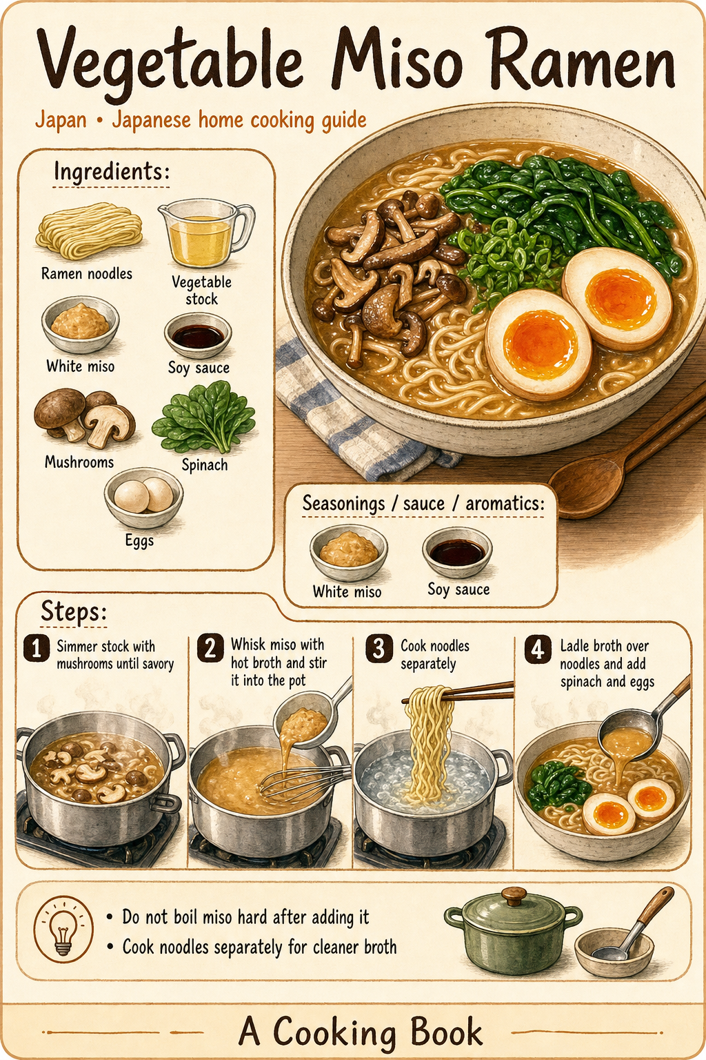 Vegetable Miso Ramen illustrated step-by-step cooking guide
