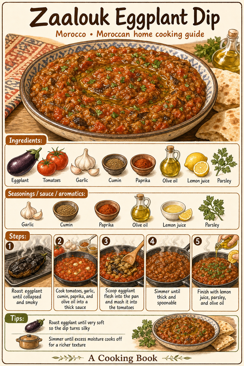 Zaalouk Eggplant Dip illustrated step-by-step cooking guide