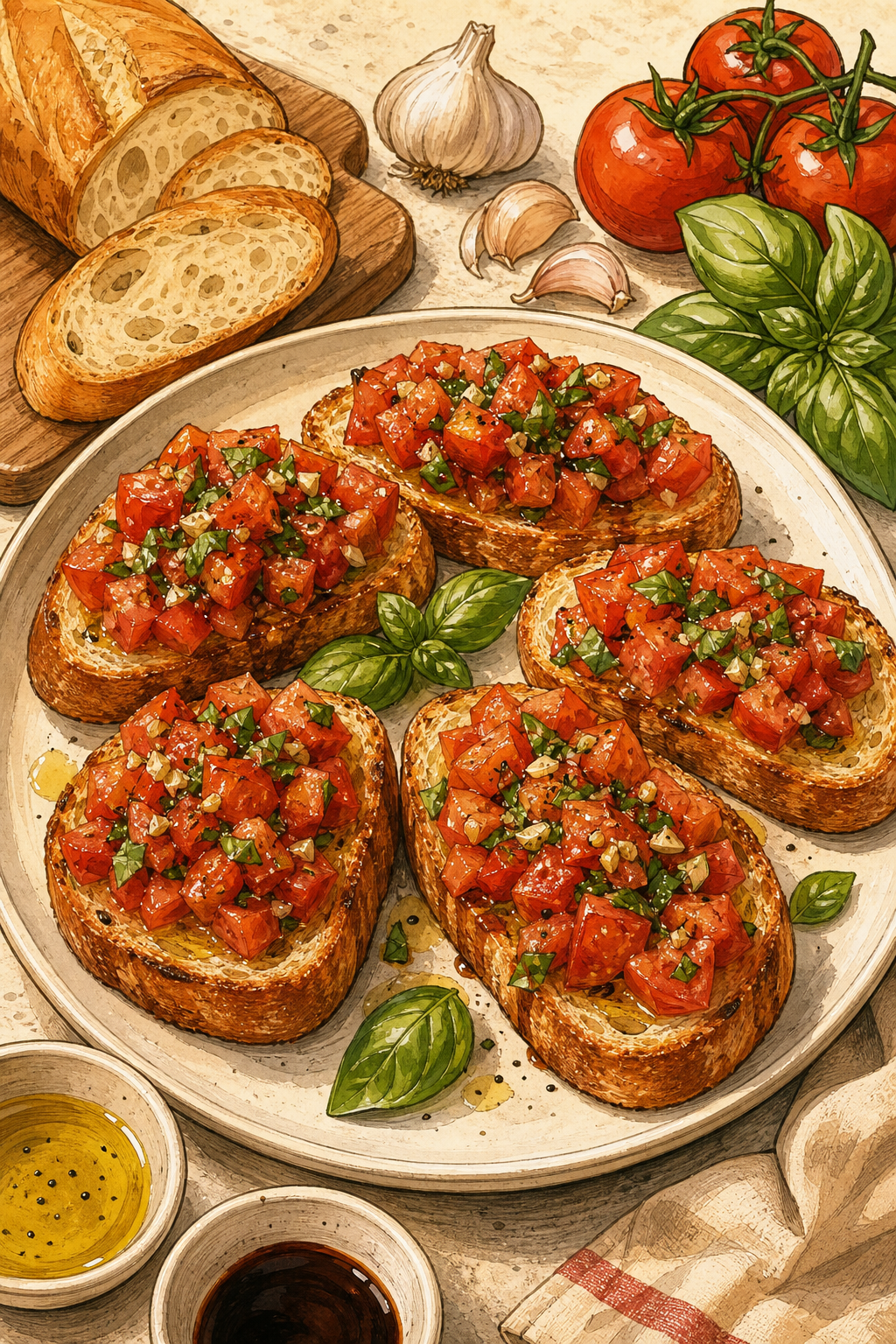 Bruschetta Al Pomodoro illustrated recipe card