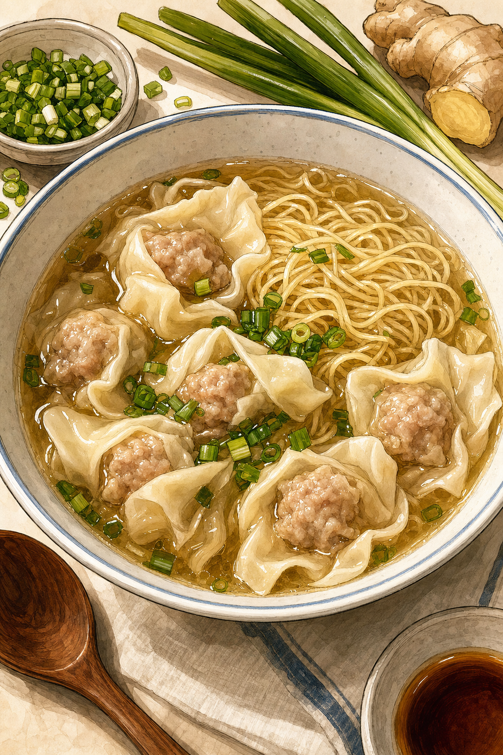 Cantonese Wonton Noodle Soup illustrated recipe card