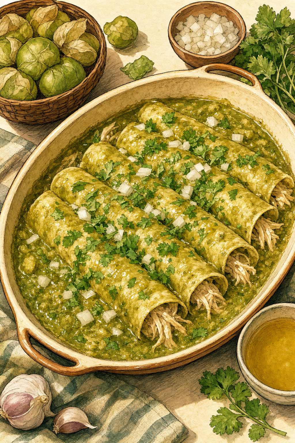 Enchiladas Verdes illustrated recipe card