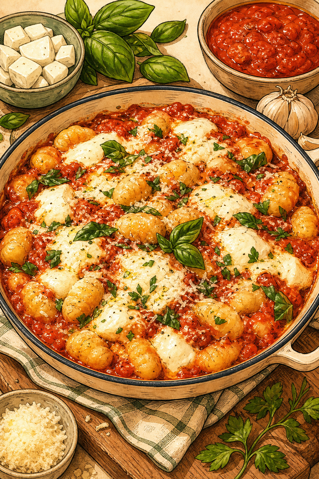 Gnocchi Sorrentina illustrated recipe card