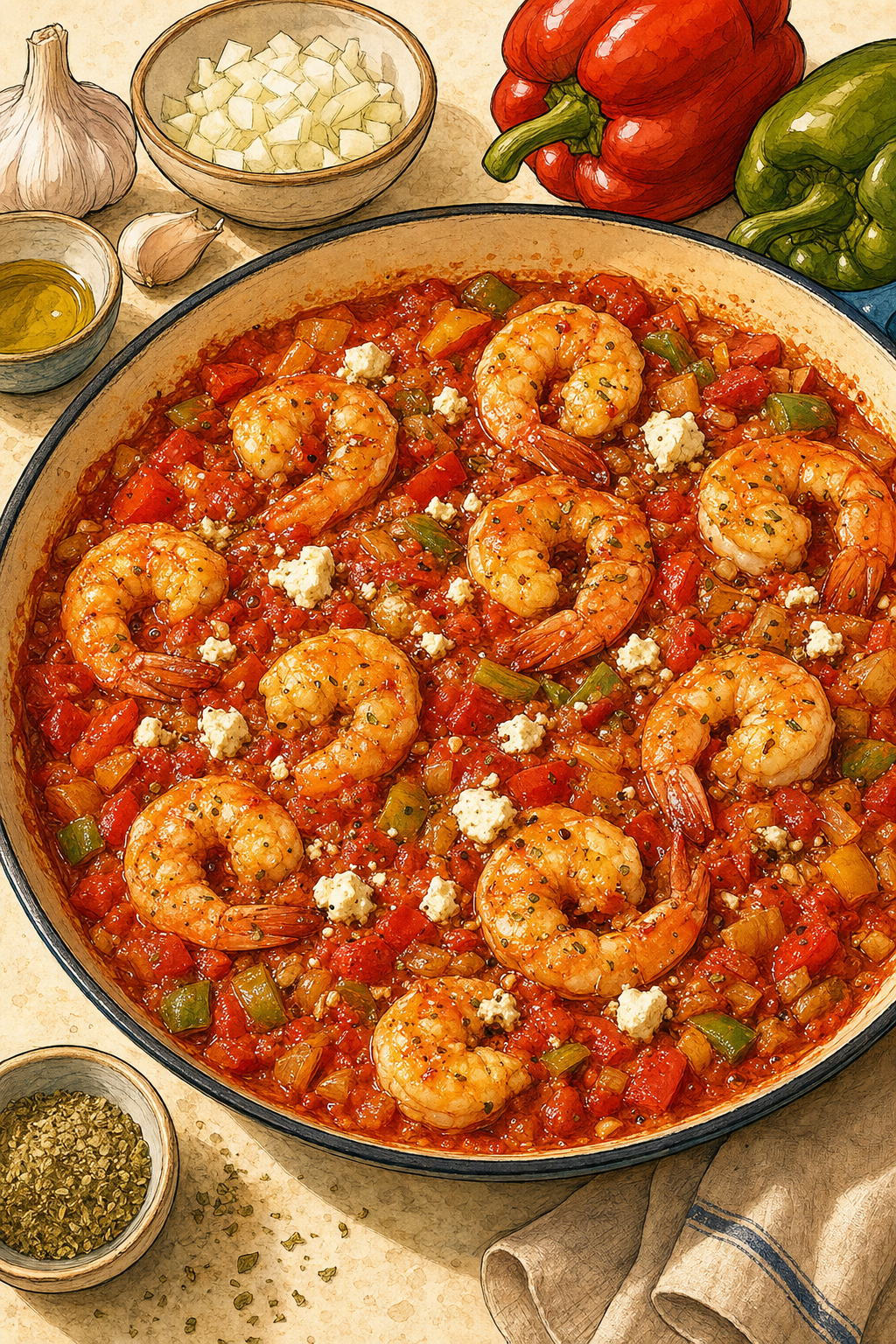 Greek Shrimp Saganaki illustrated recipe card