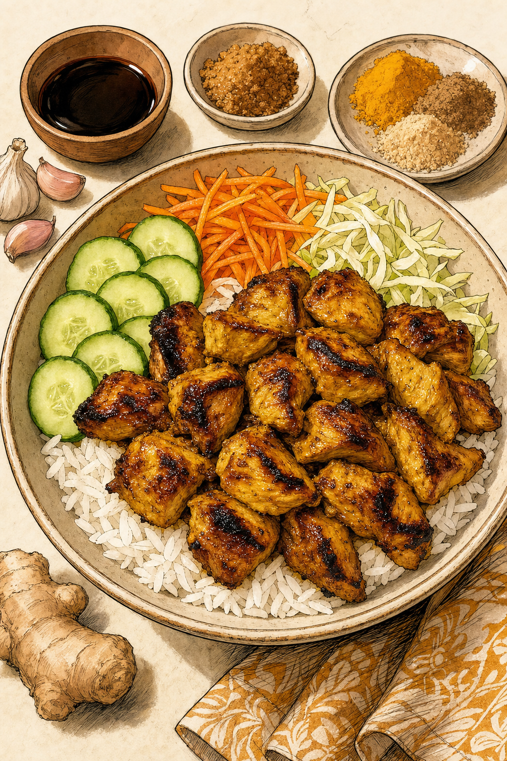 Indonesian Chicken Satay Bowls illustrated recipe card