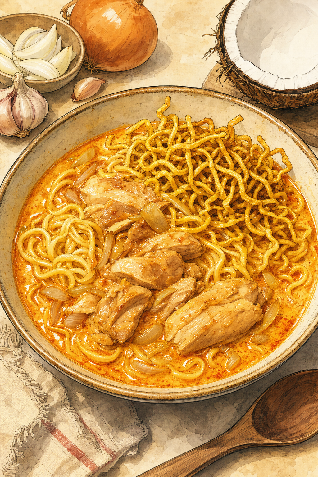 Khao Soi illustrated recipe card