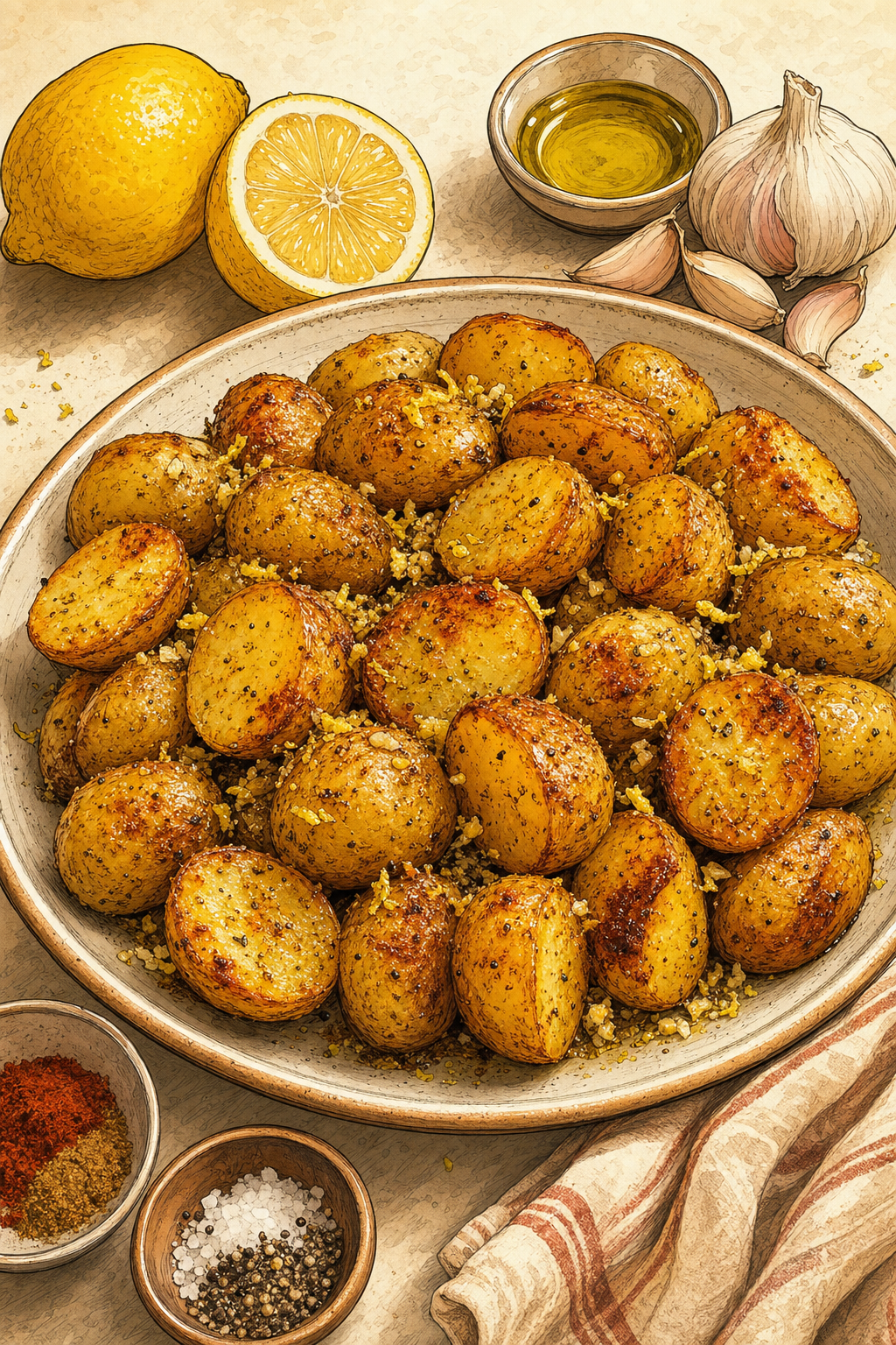 Lebanese Lemon Garlic Potatoes illustrated recipe card