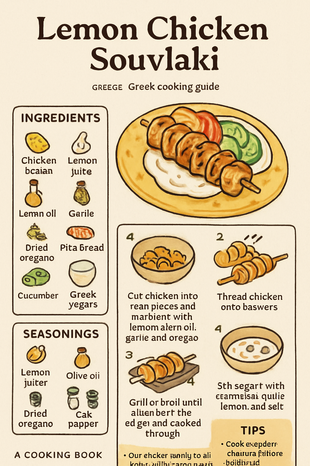 Lemon Chicken Souvlaki illustrated recipe card