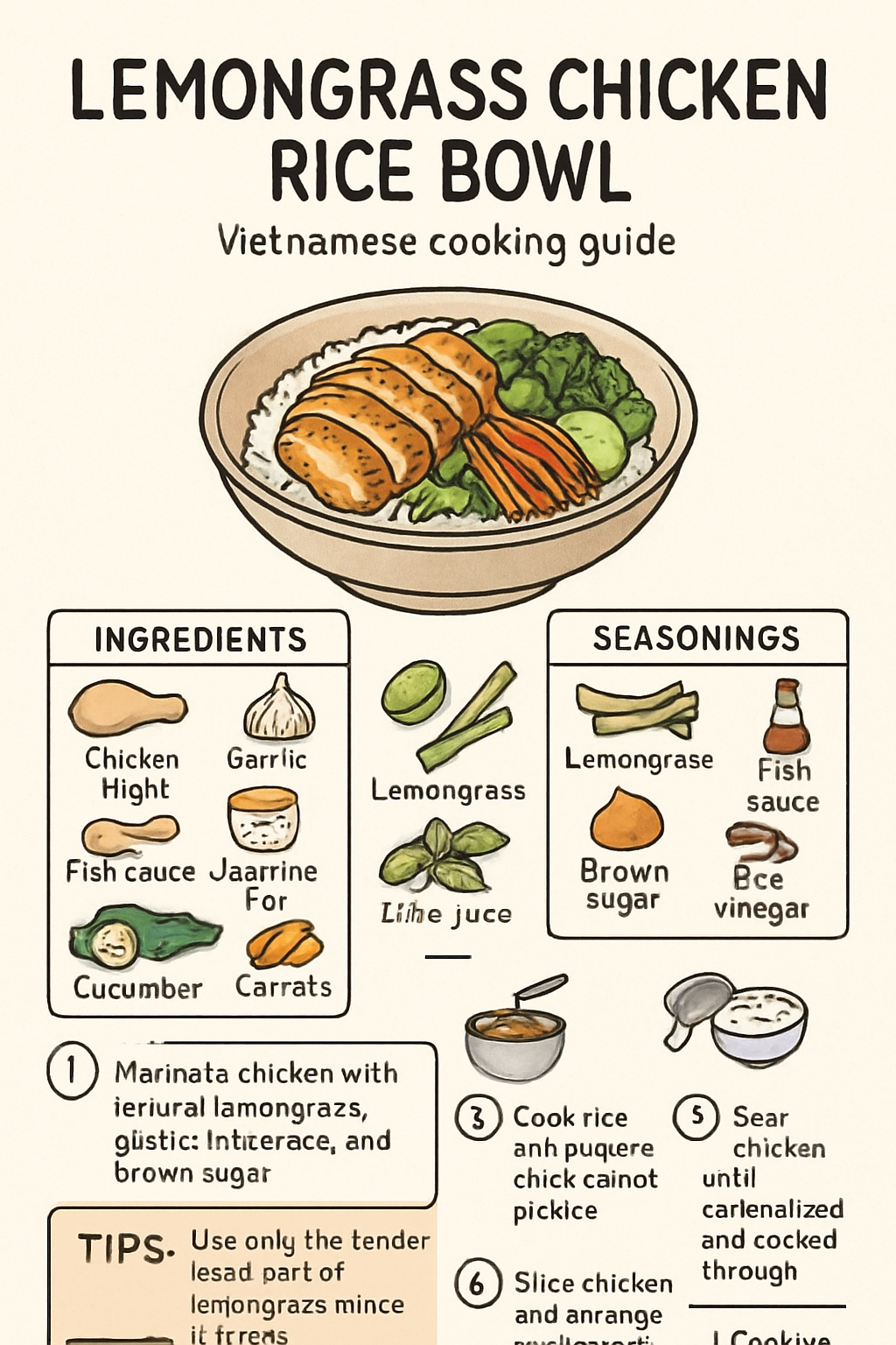 Lemongrass Chicken Rice Bowl illustrated recipe card