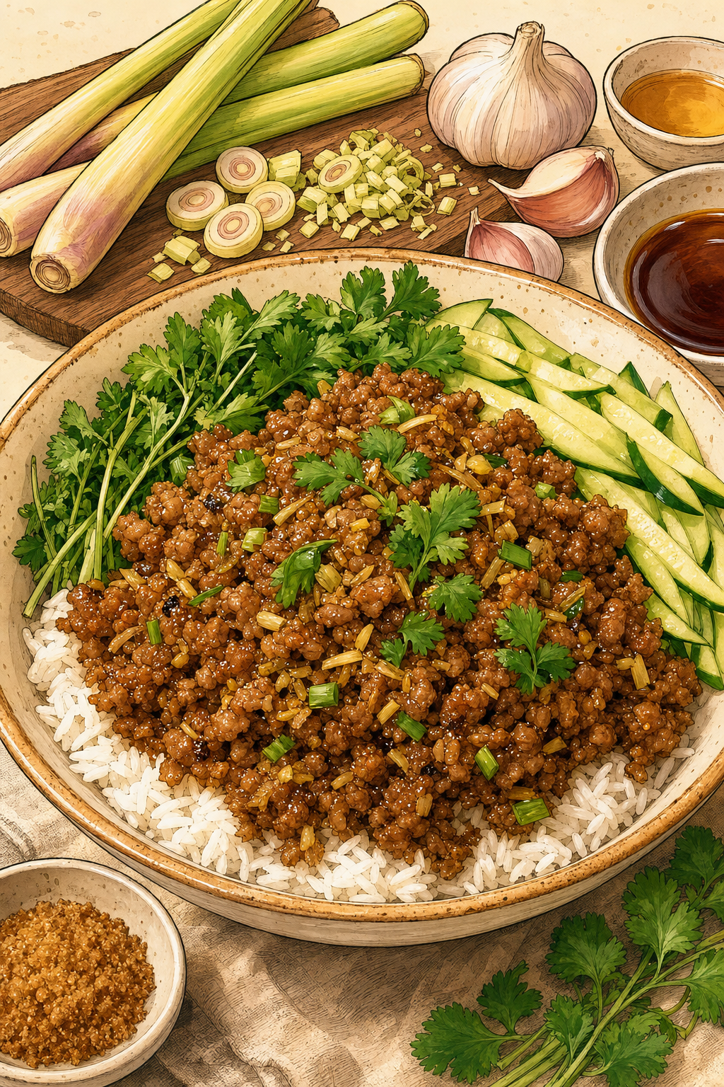 Lemongrass Pork Bowls illustrated recipe card