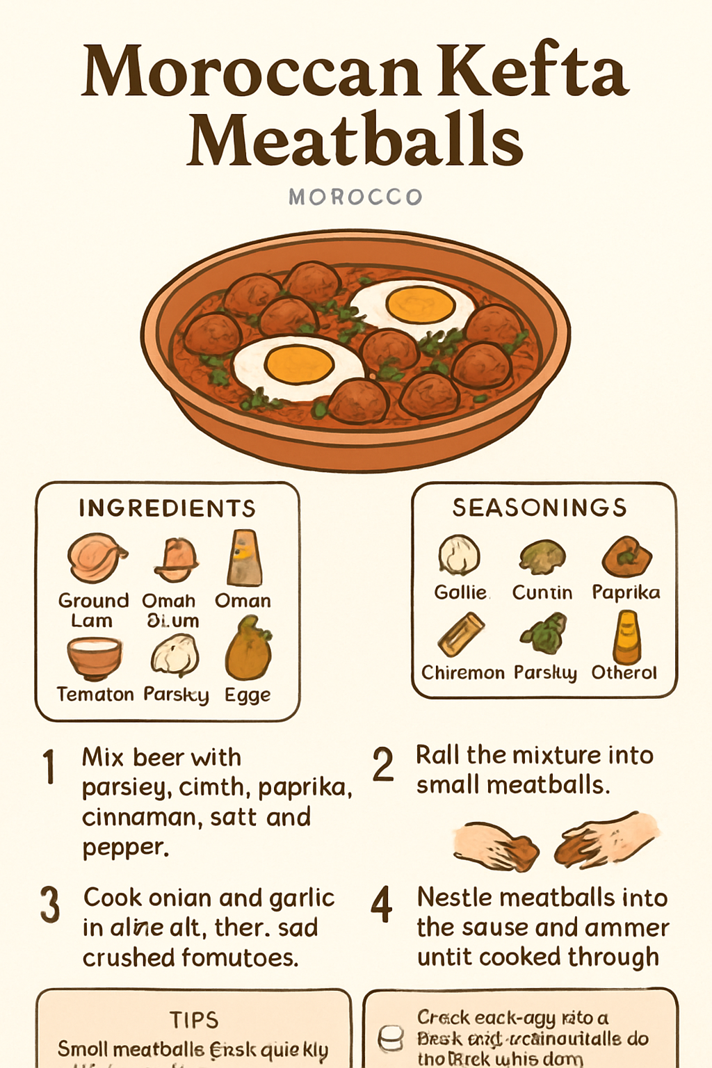 Moroccan Kefta Meatballs illustrated recipe card