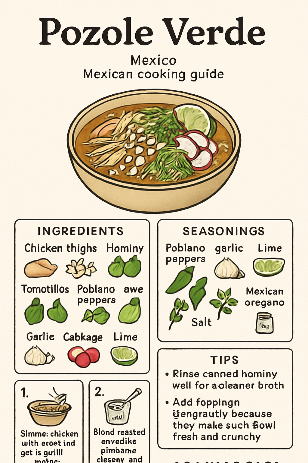 Pozole Verde illustrated recipe card