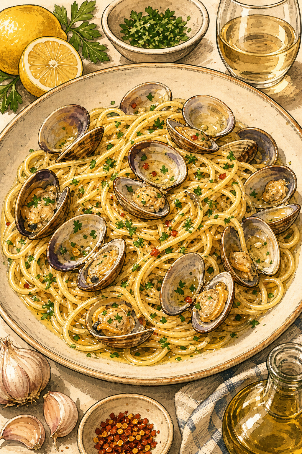 Spaghetti alle Vongole illustrated recipe card