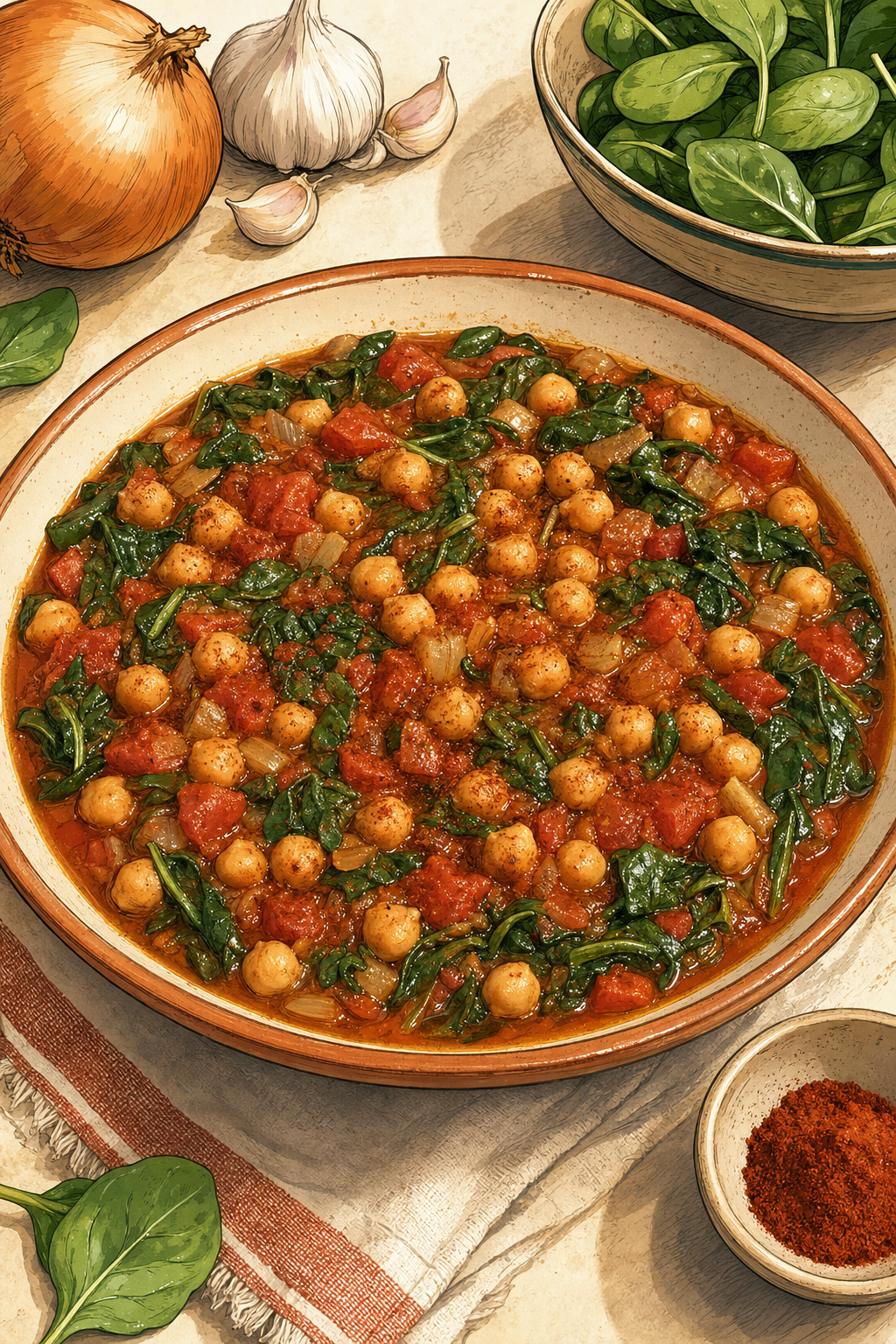 Spanish Chickpea Spinach Stew illustrated recipe card