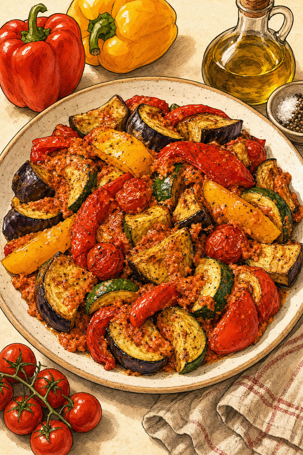 Spanish Romesco Roasted Vegetables illustrated recipe card