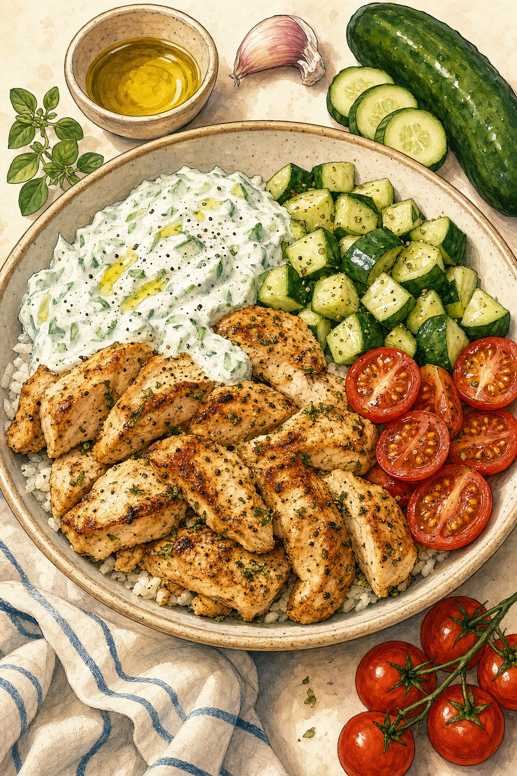 Tzatziki Chicken Bowls illustrated recipe card
